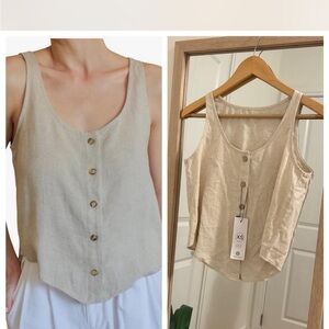 Beige Button-Down Linen Tank Top